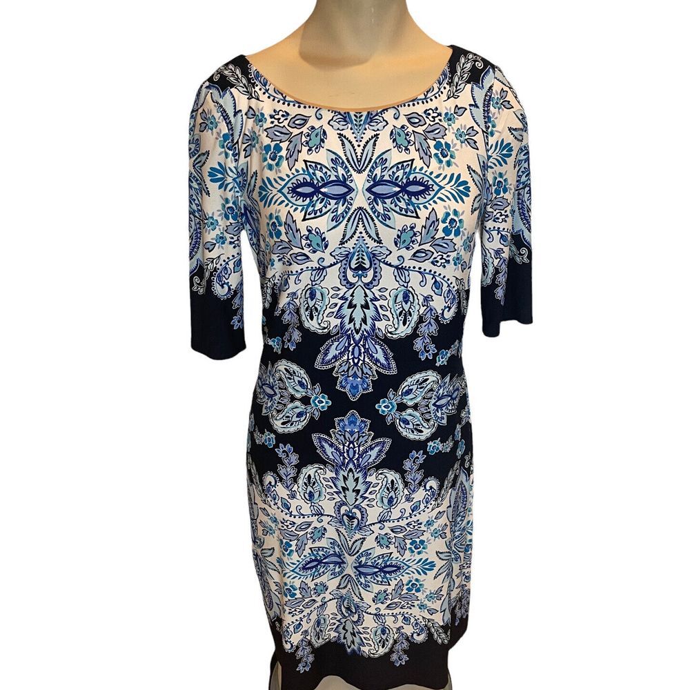 Eliza J Sheath Dress Women's Size 4 Print Blue Victorian Geom‎ Pattern Crew Neck